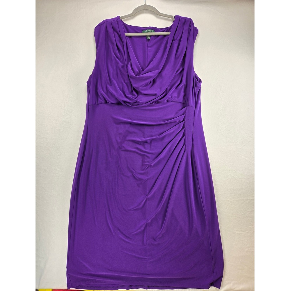Ralph Lauren Rich Purple Sleeveless Cowl Neck Midi Sheath Dress Sz 20W Elevated